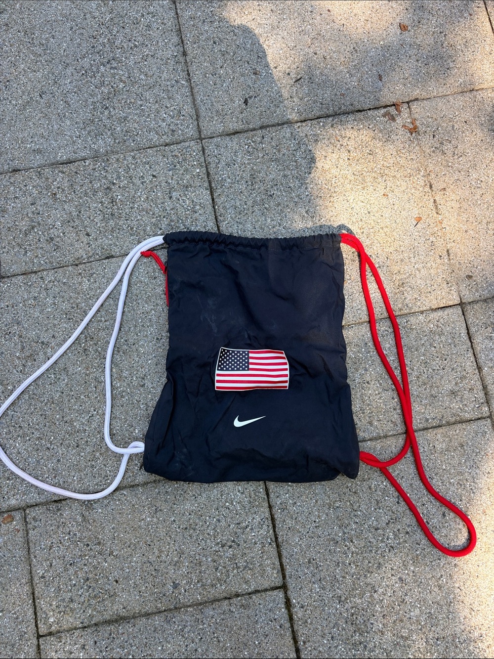 Nike Navy Drawstring Backpack with American Flag Patch and Red/White Cords
